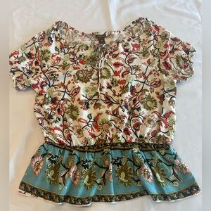 Copper Key Red and Green and Blue Ruffled Peplum Blouse Size Medium